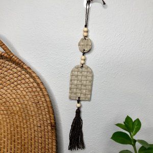 Hand Crafted Tan Clay Basket Weave wall art hanging with Brown Tassel and beads
